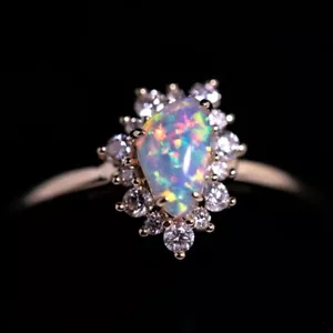 Colorful Australian Opal Fossil Shell Halo Diamond Engagement Ring 18K Gold - Picture 1 of 7