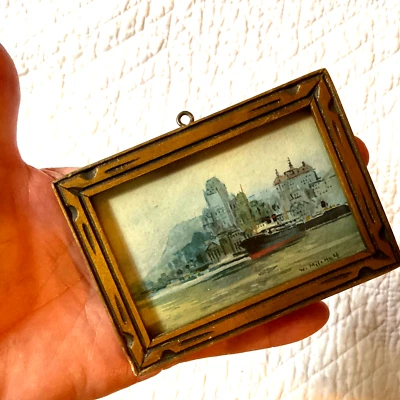Miniature tiny original harbor cityscape PAINTING 2” by 3”  hand painted Listed - Image 1 of 4