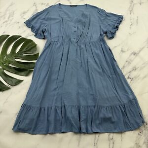 Bloomchic Womens Ruffle Trim Midi Dress Size 14-16 Light Blue Retro Pockets