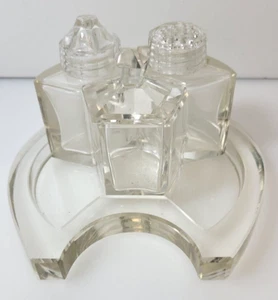 Antique Crystal 4 Piece Salt Pepper Mustard or Relish Pot an Tray 6.25 x 5 x 5'' - Picture 1 of 7
