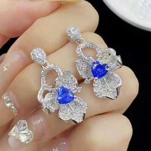 Neu Blumen-Design Herz königsblau Topas Edelstein Frauen Silber Ohrhänger - Bild 1 von 6