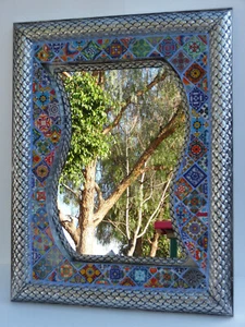 33" PUNCHED TIN MIRROR with Mexican talavera tile, hacienda style, handmade - Picture 1 of 6