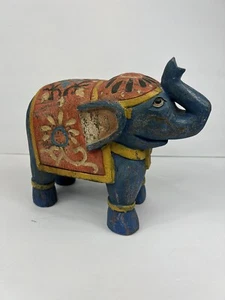 Blue Wood Elephant Good Luck Painted - Picture 1 of 6