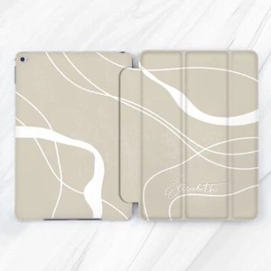 Custom Name White Lines Beige Case For iPad 10.2 Air 3 4 5 Pro 9.7 11 12.9 Mini - Picture 1 of 6