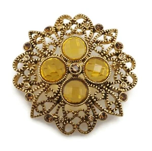 Premier Design Daybreak Gold Tone Metal Gold & Amber Rhinestone Fashion Brooch - Picture 1 of 19