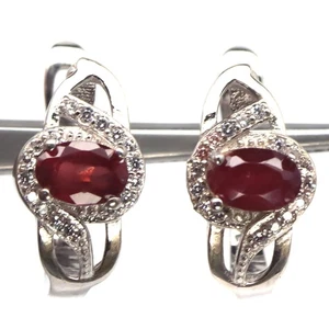 925 Sterling Silver 4 x 6 MM. Red Ruby & Cubic Zirconia Birthstone Earrings - Picture 1 of 4