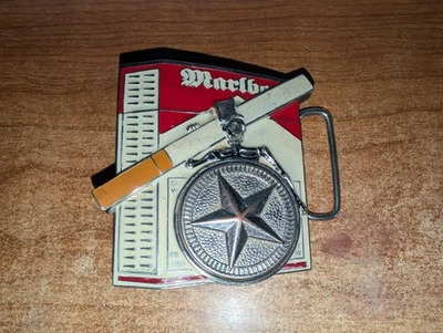 Винтажный 1970-е Marlboro Сигарета Звезда Спиннер Череп Скелет Пряжка на Ремень РЕДКИЙ - Изображение 1 из 4