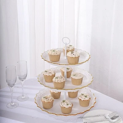 WHITE GOLD 15" Plastic 3 Tier Metallic Round CUPCAKE DISPLAY Tower Lace Cut Rim - Image 1 of 4