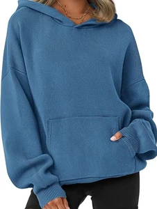 Women Oversized Sweaters  Long Sleeve Drop Shoulder Chunky Knit Hood XS - Picture 1 of 5