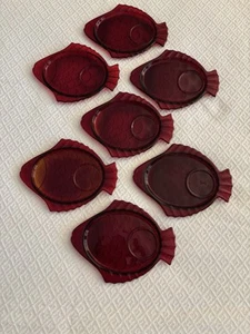 Vtg Anchor Hocking Red Glass Royal Ruby Small Fish Plates Set of 7 EUC RARE - Picture 1 of 6