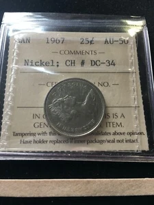1967 CH# DC-34 (Trial Piece) ICCS Graded Canadian, ¢25 Cent, **AU-50** - Picture 1 of 4