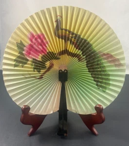 VTG Handheld Folding Paper Decorative Fan Peacock & Flower China Metal Handle - Picture 1 of 12