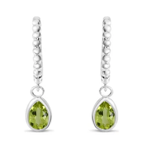 14K White Gold Pear Peridot Dangle Birthstone Textured Huggie Earrings - Picture 1 of 1