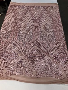DUSTY ROSE SEQUIN DIAMOND DESIGN EMBROIDERY ON A 4 WAY STRETCH MESH-SOLD BY YARD - Picture 1 of 9