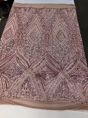 DUSTY ROSE SEQUIN DIAMOND DESIGN EMBROIDERY ON A 4 WAY STRETCH MESH-SOLD BY YARD - Image 1 of 4