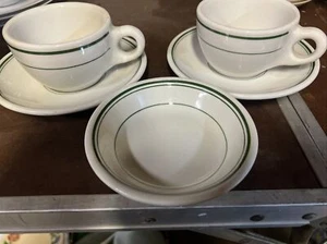 Vintage Restaurant Ware Small Bowl & 2 Cup and Saucers Green Stripe MCM Nice! - Picture 1 of 4