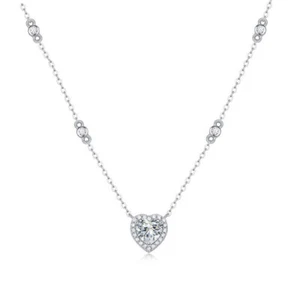 1CT Heart Cut Real Moissanite Halo Pendant Station Necklace 14K White Gold Cover - Picture 1 of 10