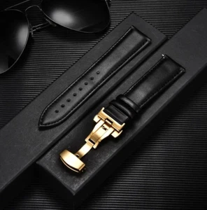 mens genuine leather watch strap 20mm black with gold quick deployment buckle - Picture 1 of 2