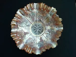 Early Century Carnival Glass Ruffled Bowl, Peacock & Vine Motifs, Sawtooth Edge - Picture 1 of 12