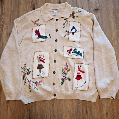 Alfred Dunner 1X Vacaciones Navidad Suéter Acebo Bayas Pájaros Nieve 8 Botones Foto 1 de 3