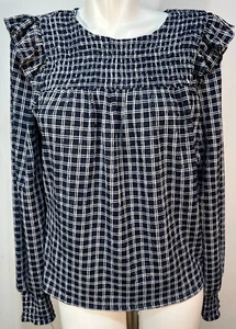 Loft Women Medium Top Shirt Navy Blue Plaid Ruffles Stretchy - Picture 1 of 6