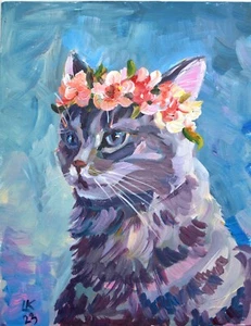 Hand-Painted Cat Art 12x10 Acrylic – Pet Portrait, Collectible Art for Cat Lover - Picture 1 of 5