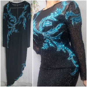 Vintage A. J. Bari Beaded Sequin 100% Silk Dress Black Blue Asymmetrical Maxi L - Picture 1 of 11