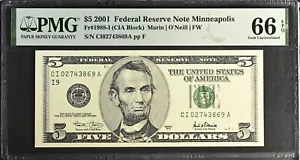 2001 $5 Federal Reserve Note Fr-1988-I Minneapolis PMG66 Gem EPQ - Picture 1 of 2