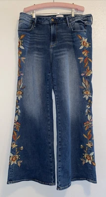Jeans stretch Driftwood Charlee perna larga floral bordado boho tamanho 16 - Imagem 1 de 4
