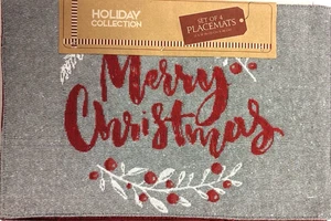 Holiday Collection Gray Merry Christmas Woven Tapestry Placemats Set of 4 - Picture 1 of 5
