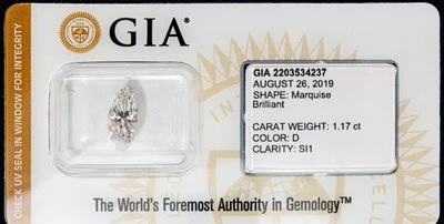 GIA Certified Marquise Diamond Sealed Loose 1.17ct Color D Clarity SI1 ID Prot. - Image 1 of 4