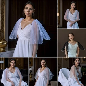 Women Pearl Embellished Mesh Shawl Detachable Fake Sleeves Wedding Accessory - Picture 1 of 25