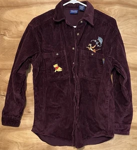 Vintage 90s Pooh Tigger Corduroy Small Button Down Long Sleeve Shirt Embroidered - Picture 1 of 8