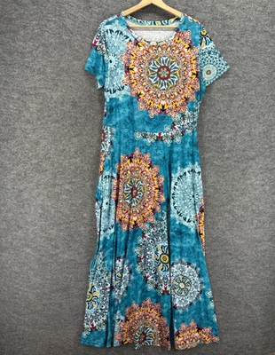 Unbranded Dress Women L Large  Blue Geometric Long Maxi Short Sleeve Casual - Image 1 of 4