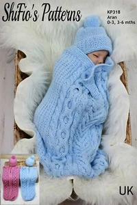 Knitting Pattern for Babies Cabled Cocoon & Hat, Sleeping Bag, Aran,KP318 - Picture 1 of 7