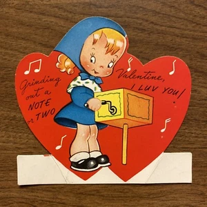 Vintage 1940s Valentines Day Greeting Card Girl Winding Music Box A-Meri-Card - Picture 1 of 9