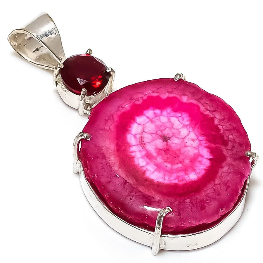 Pink Solar Quartz Druzy Garnet Gemstone Silver Plated Pendant Jewelry 2" - Image 1 of 1