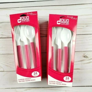 PACK OF 2 DUO CUTLERY TWO TONE FORKS SPOONS KNIVES STRONG, 48 PIECES TOTAL  - Picture 1 of 6