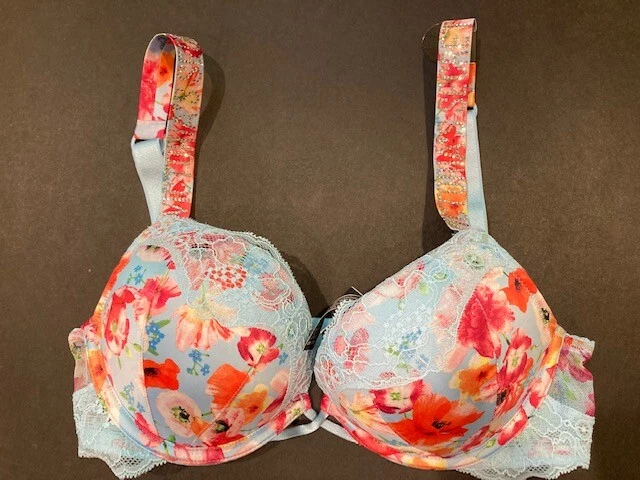 NOVO COM ETIQUETAS VICTORIA SECRET AZUL CLARO ESTAMPA FLORAL ALÇA STRASS BOMBA 32A - Imagem 1 de 1