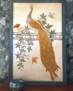 Ricamo vintage seta arte da parete pavone uccellino fibra arte tessile uccellini fiori - Foto 1 di 7