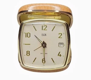 Vintage Elgin Folding Travel Date Alarm Clock Brown Case MCM Bell Rings Parts - Picture 1 of 7