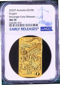 2022 Dragon 1oz .9999 GOLD Rectangular $100 Dollar Bar COIN NGC MS 70 ER - Picture 1 of 2