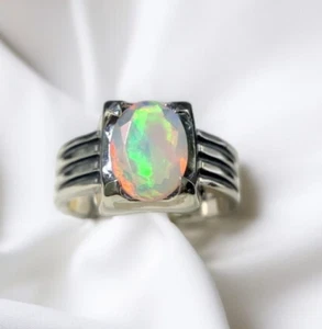 Art Deco Fire Opal Mens Womens Ring Silver 925 Real Natural Opal Unisex Band - Picture 1 of 5