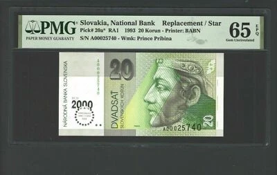 Slovakia 20 Korum 1993 P20a* Replacement Uncirculated Graded 65 - Image 1 of 2