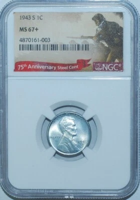 1943 S NGC MS67+ Lincoln Wheat Steel Cent - Image 1 of 2