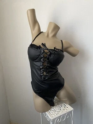 Sexy Black Faux Leather Teddy Bodysuit Lingerie Sleepwear - Image 1 of 2