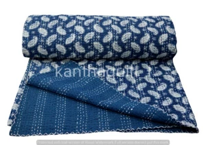 Vintage Indigo Blue Kantha Quilt Blanket Indian Bedspread Coverlet Throw Art - Picture 1 of 5