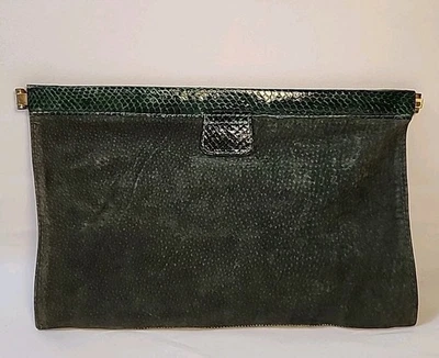 Vtg Green Suede & Snakeskin Trim Clutch Purse Made In ITALY for Bloomingdales - Image 1 of 4