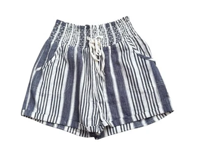 Pantalones Cortos Derek Heart Mujer Talla Pequeña Azul Blanco Rayas Cintura Alta Puños Algodón Foto 1 de 4