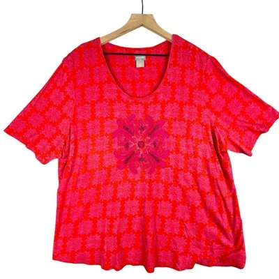 Chico’s Shirt Women 4 (XXL) Pink Coral Short Sleeve Jacquard Embroidered *Read - Image 1 of 4